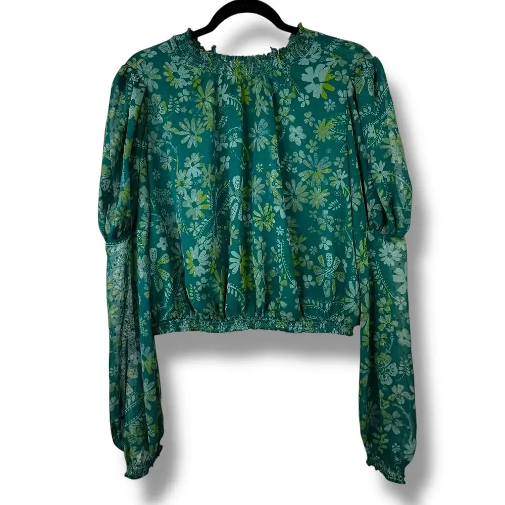 NEW Free People Sea Combo Clarissa Floral Print High Neck Smocked Blouse XS - Picture 4 of 9